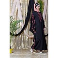 Embroidered abaya with Butterfly sleeves- Black-Coral